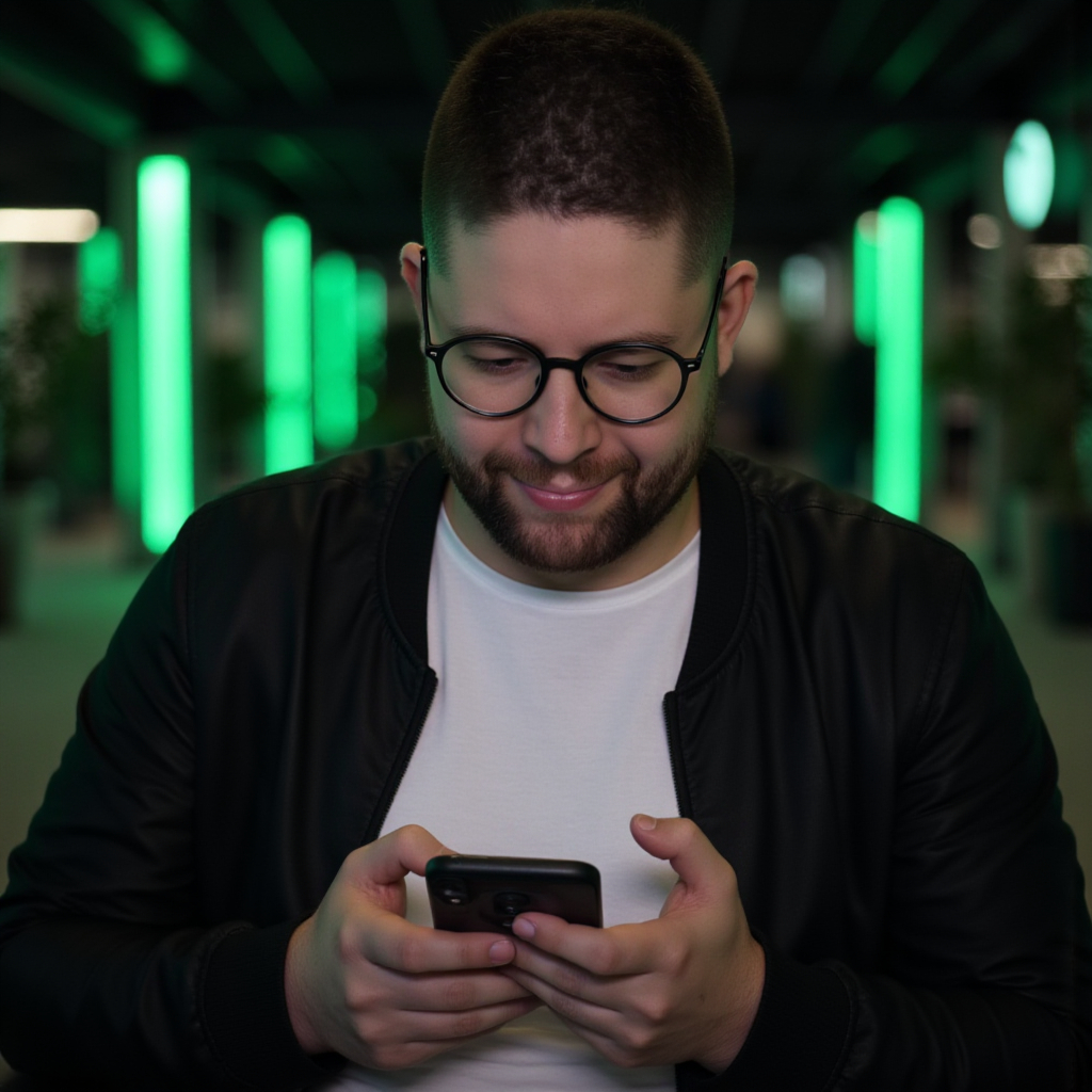 Homem olhando o celular com respostas automáticas no WhatsApp